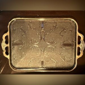 Vintage Jeanette Glass Harp Lyre Handled Serving Tray w/Gold Guilding, 10”x15”